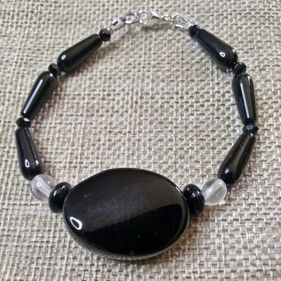 Massive Protection Bracelet: Black Agate + Quartz ~ Balance Energy & Chi Flow - Picture 5 of 11